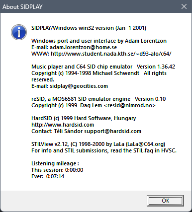 SIDPLAY/Windows win32 version (Jan 1 2001)