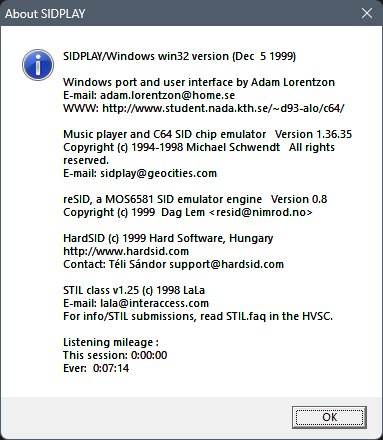 SIDPLAY/Windows win32 version (Dec 5 1999)